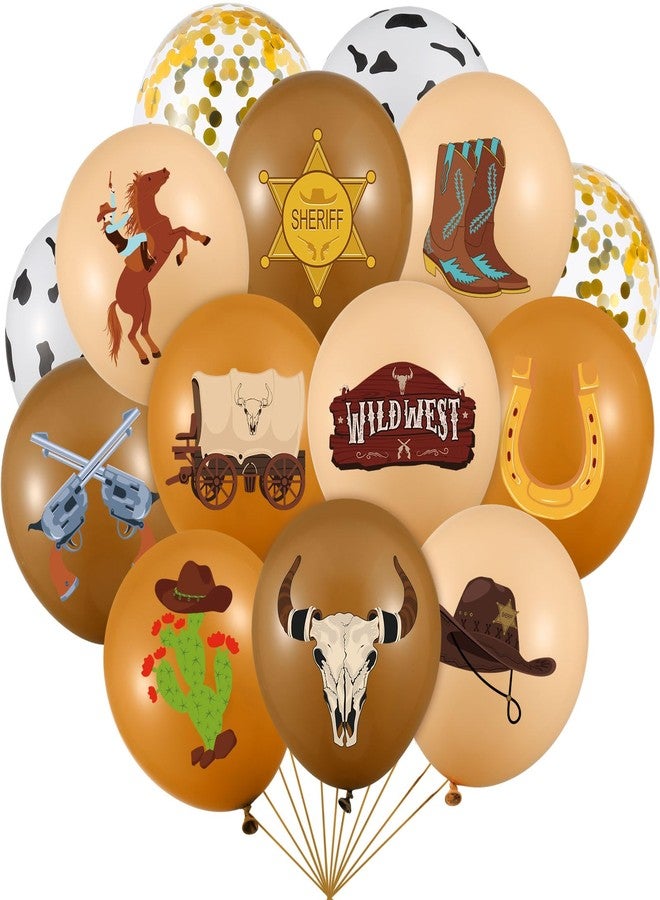 بالونات رعاة البقر الغربية من SilTriangle، 60 قطعة، مقاس 12 بوصة، زينة حفلات أعياد الميلاد الغربية، بالونات لاتكس بنية اللون، ذهبية اللون، مزينة بقصاصات ورقية، مثالية لحفلات استقبال المولود الجديد في الغرب الأمريكي. - Image 1